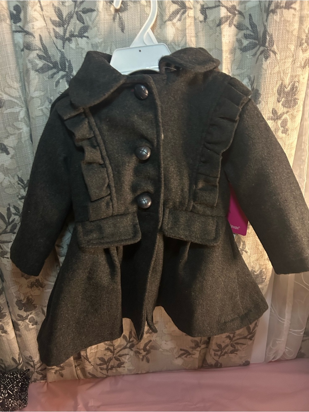 Pink Platinum Black Ruffle Pea Coat for Girls